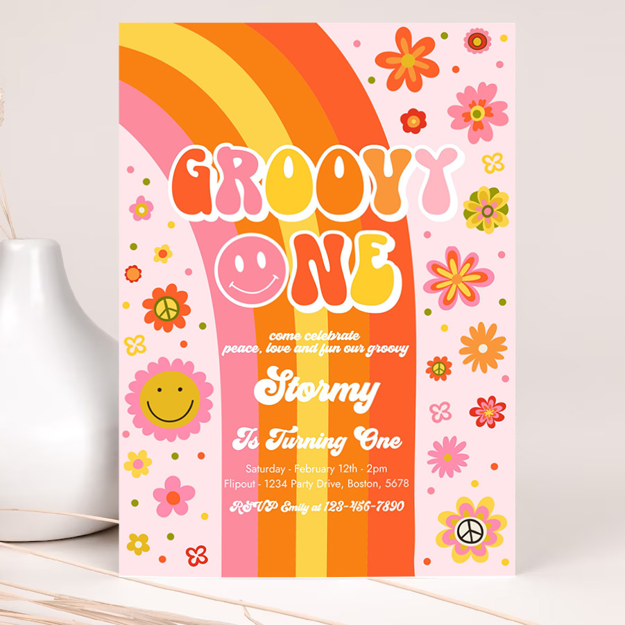 editable groovy one birthday party invitation peace love party groovy rainbow party hippie 70s floral 1st birthday party 2