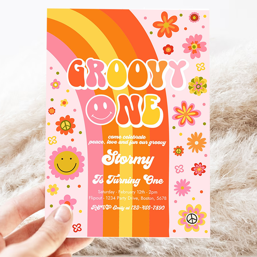 editable groovy one birthday party invitation peace love party groovy rainbow party hippie 70s floral 1st birthday party 3