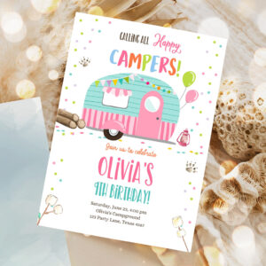 editable happy camper birthday invitation girl pink camping party pink camper glamping download printable template 1