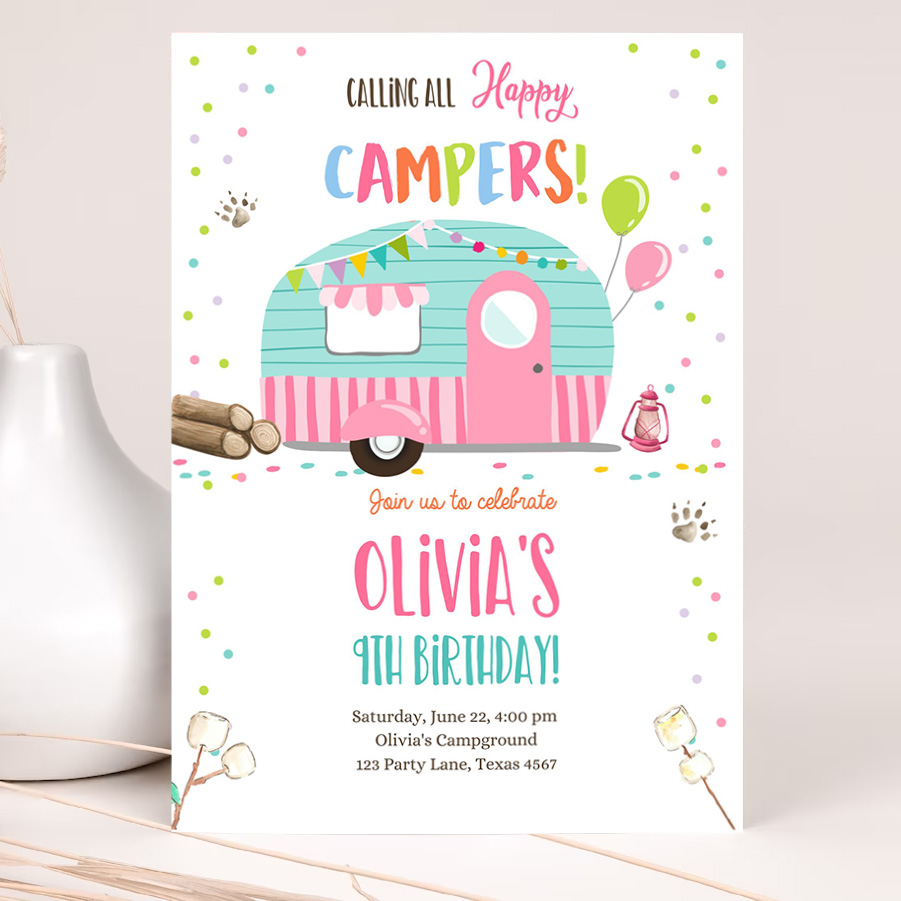 editable happy camper birthday invitation girl pink camping party pink camper glamping download printable template 2