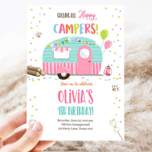 editable happy camper birthday invitation girl pink camping party pink camper glamping download printable template 3