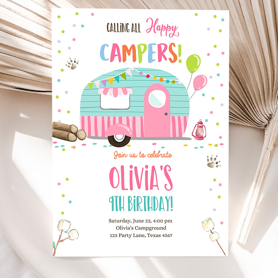 editable happy camper birthday invitation girl pink camping party pink camper glamping download printable template 5