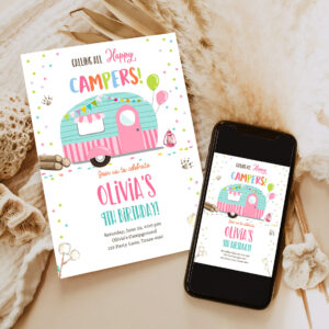 editable happy camper birthday invitation girl pink camping party pink camper glamping download printable template 6