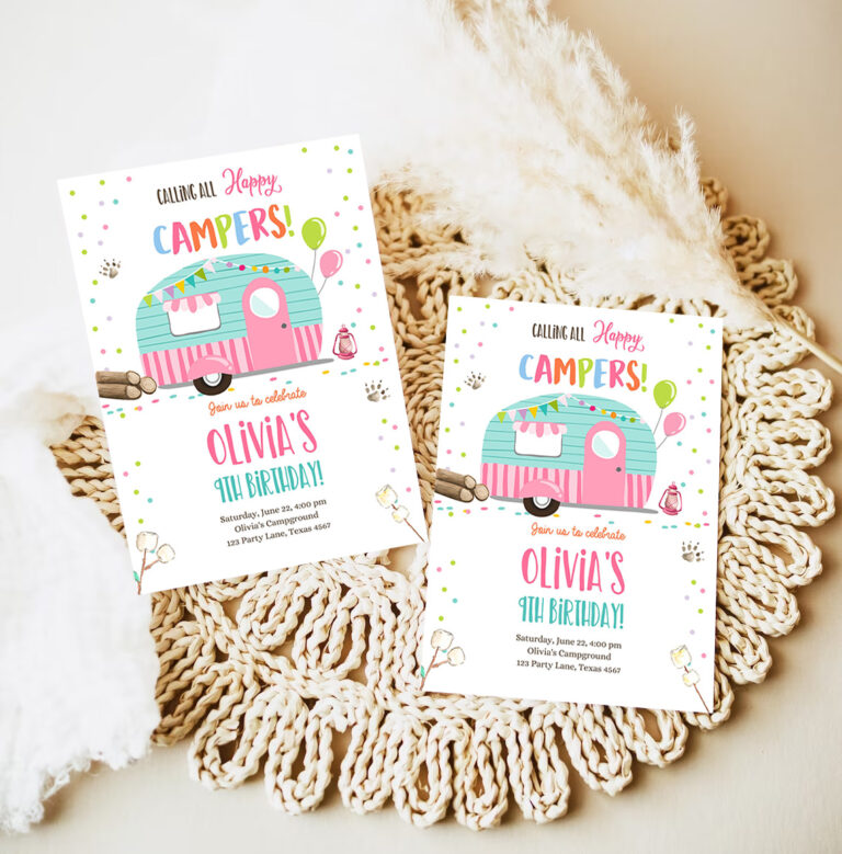 editable happy camper birthday invitation girl pink camping party pink camper glamping download printable template 7