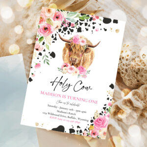 editable holy cow im one 1st birthday party invitation pink floral farm ranch highland cow 1st birthday party invitation 1