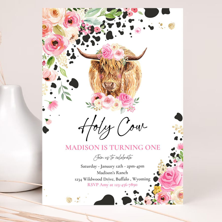 editable holy cow im one 1st birthday party invitation pink floral farm ranch highland cow 1st birthday party invitation 2