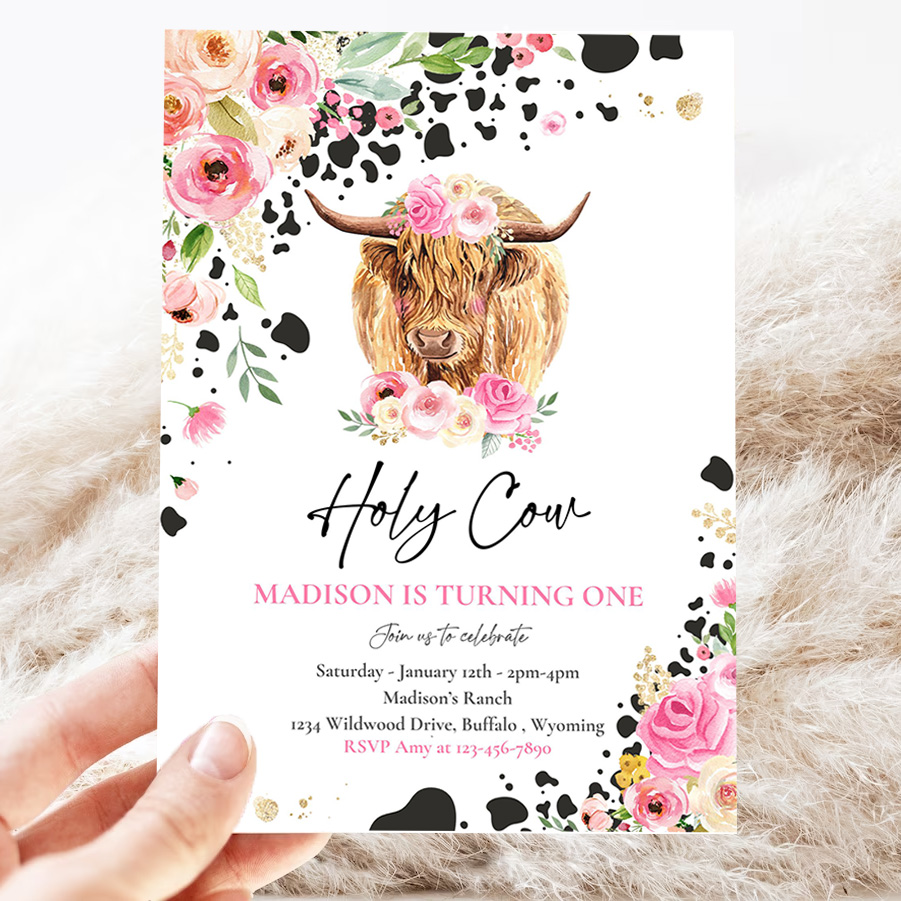 editable holy cow im one 1st birthday party invitation pink floral farm ranch highland cow 1st birthday party invitation 3