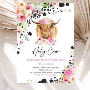 editable holy cow im one 1st birthday party invitation pink floral farm ranch highland cow 1st birthday party invitation 5