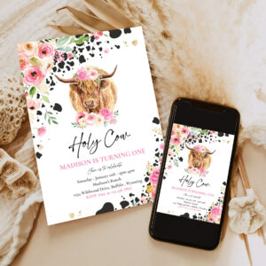 editable holy cow im one 1st birthday party invitation pink floral farm ranch highland cow 1st birthday party invitation 6