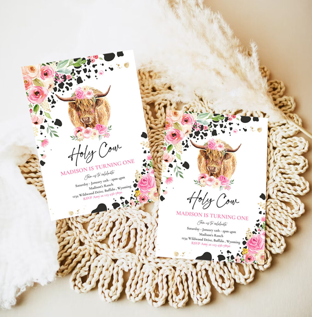 editable holy cow im one 1st birthday party invitation pink floral farm ranch highland cow 1st birthday party invitation 7