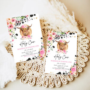 editable holy cow im one 1st birthday party invitation pink floral farm ranch highland cow 1st birthday party invitation 7