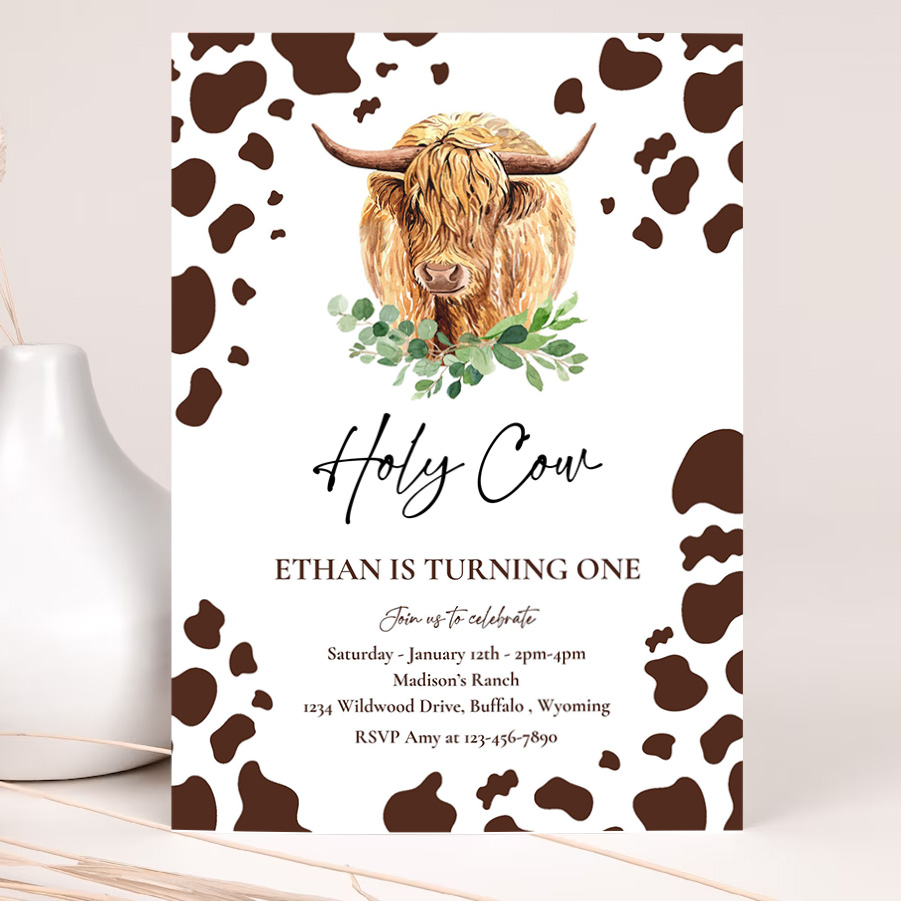 editable holy cow im one birthday party invitation highland cow birthday boy ranch farm cow 1st birthday party 2