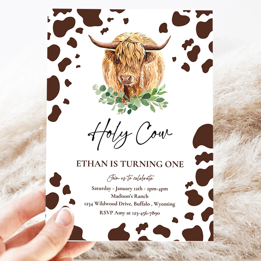 editable holy cow im one birthday party invitation highland cow birthday boy ranch farm cow 1st birthday party 3