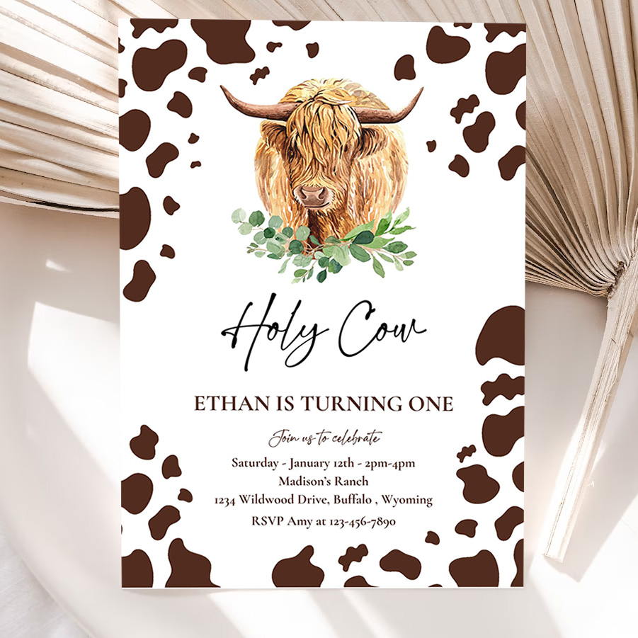 editable holy cow im one birthday party invitation highland cow birthday boy ranch farm cow 1st birthday party 5