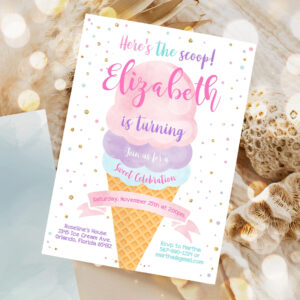 editable ice cream birthday invitation first birthday party heres the scoop cone pink mint gold purple printable template 1