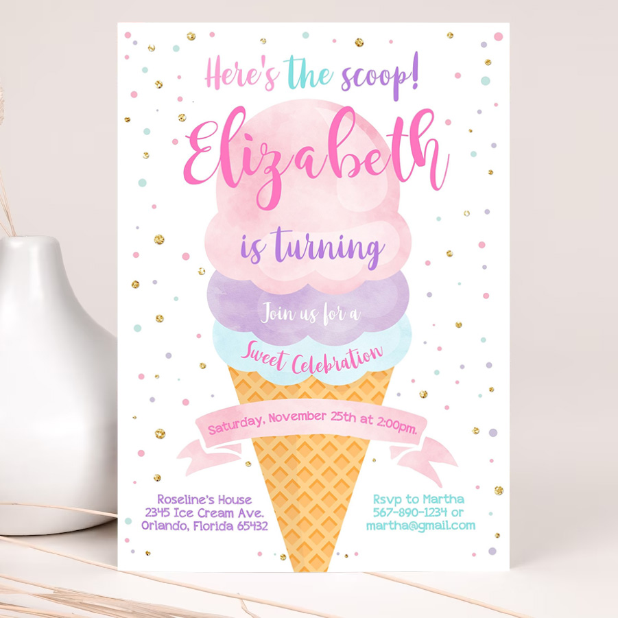 editable ice cream birthday invitation first birthday party heres the scoop cone pink mint gold purple printable template 2