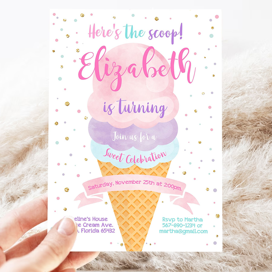 editable ice cream birthday invitation first birthday party heres the scoop cone pink mint gold purple printable template 3