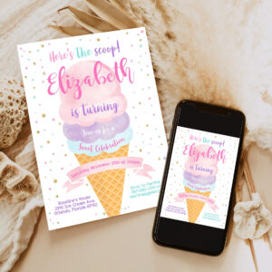 editable ice cream birthday invitation first birthday party heres the scoop cone pink mint gold purple printable template 6