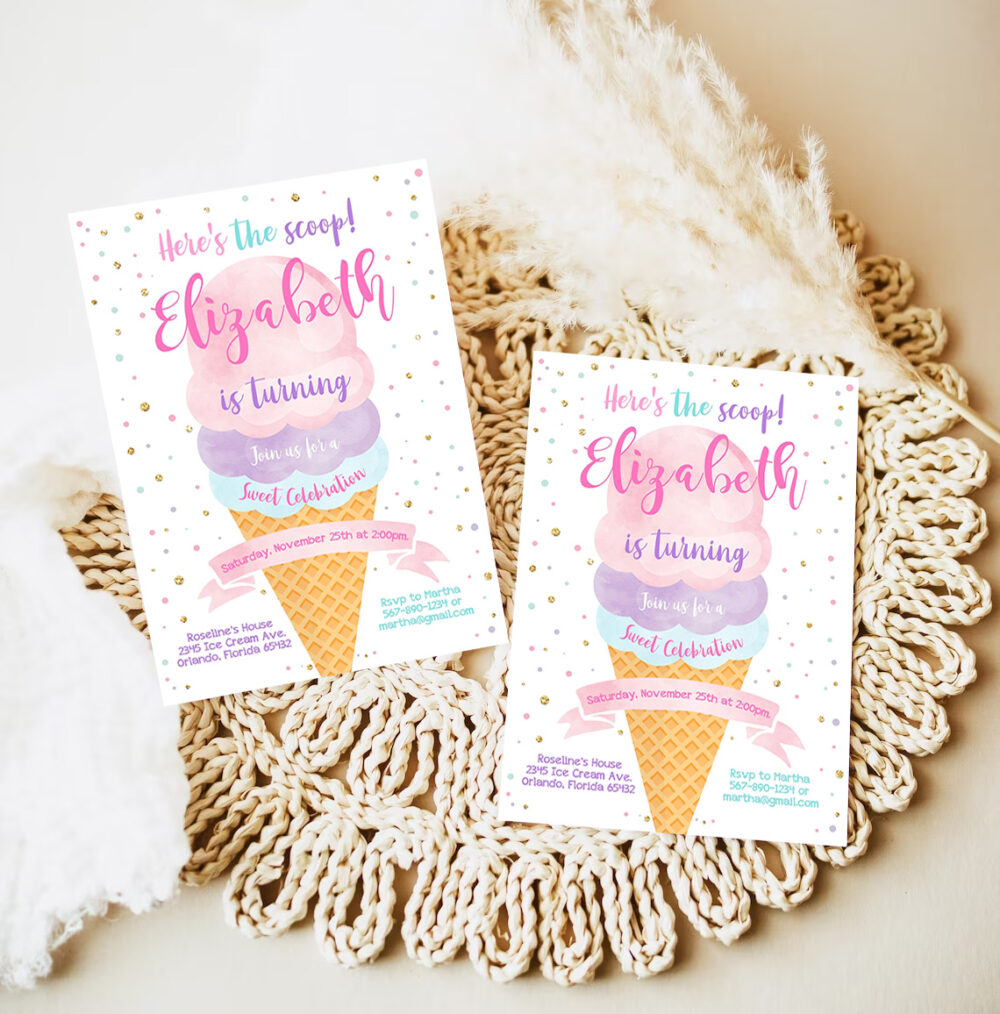 editable ice cream birthday invitation first birthday party heres the scoop cone pink mint gold purple printable template 7
