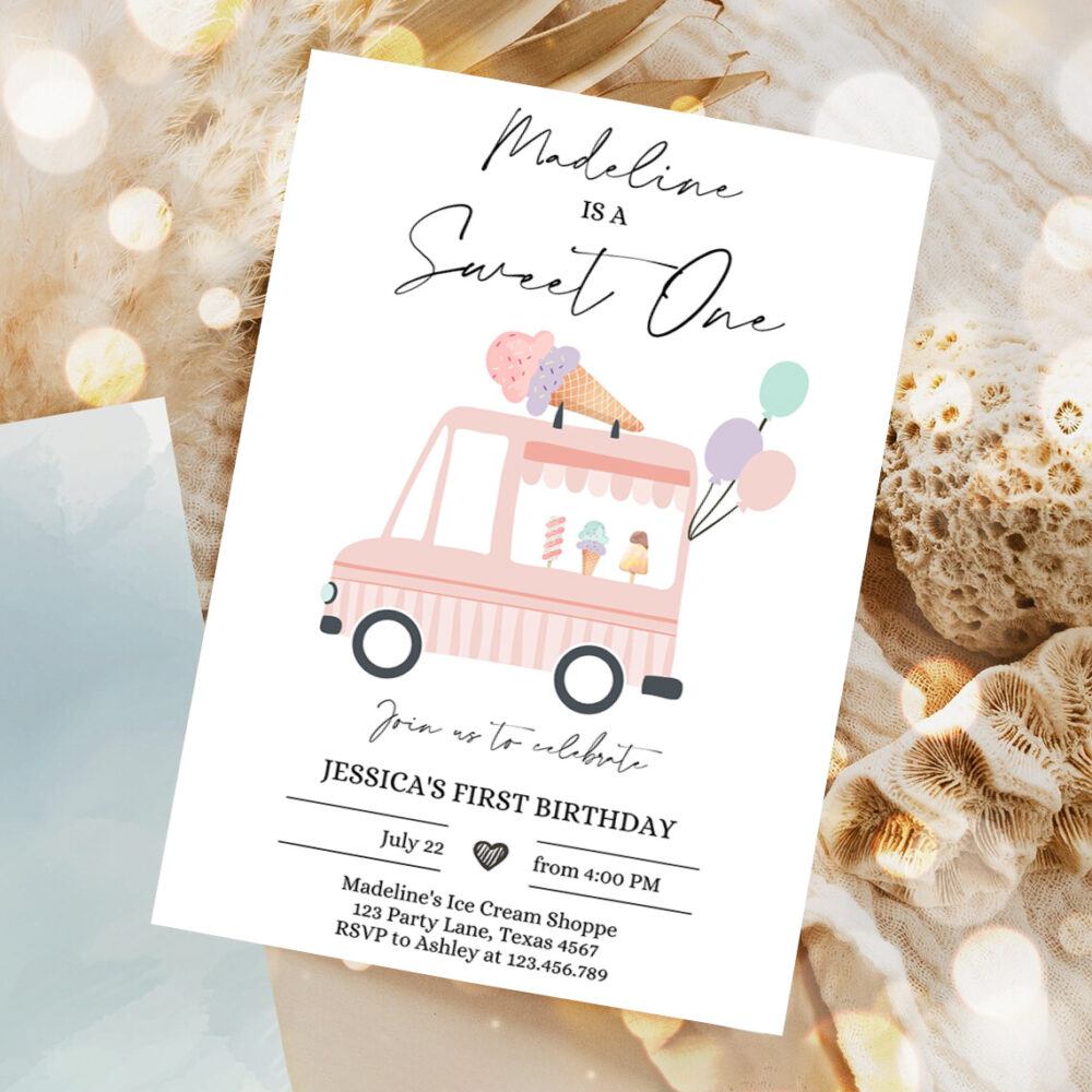 editable ice cream truck birthday invitation ice cream sweet one modern 1st birthday party first 1