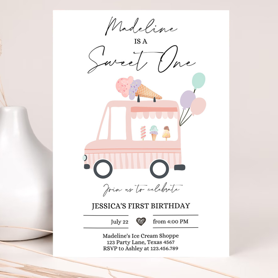 editable ice cream truck birthday invitation ice cream sweet one modern 1st birthday party first 2