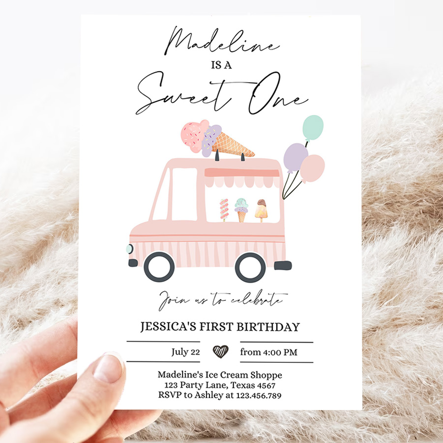 editable ice cream truck birthday invitation ice cream sweet one modern 1st birthday party first 3