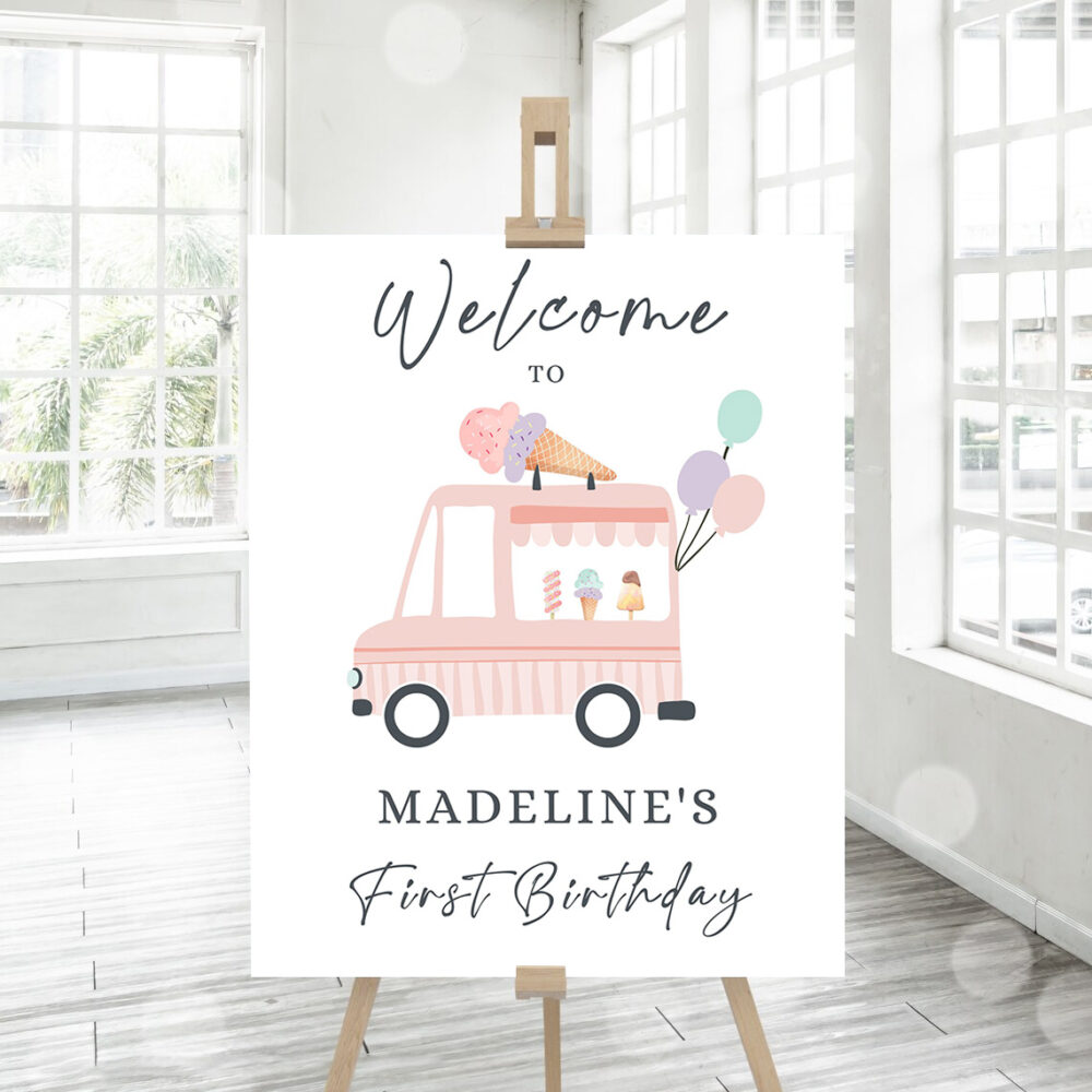 editable ice cream truck party welcome sign ice cream birthday welcome scoop modern girl summer pink purple template 1