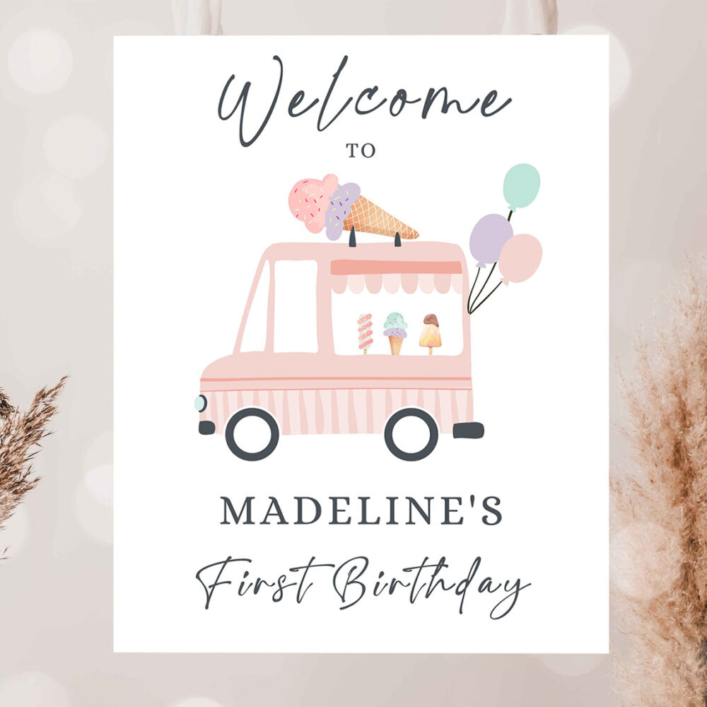 editable ice cream truck party welcome sign ice cream birthday welcome scoop modern girl summer pink purple template 2