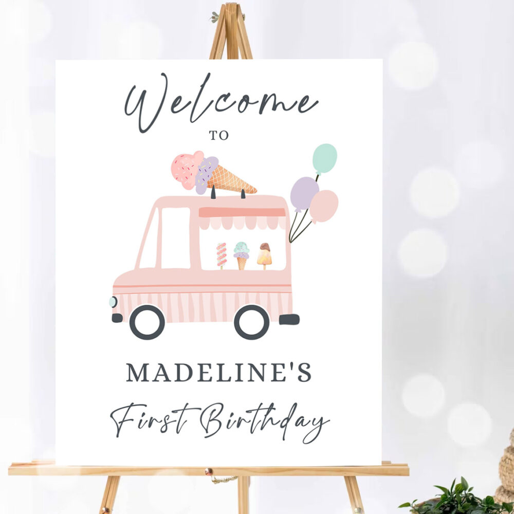 editable ice cream truck party welcome sign ice cream birthday welcome scoop modern girl summer pink purple template 3