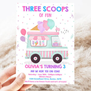 editable ice cream truck three scoops of fun 3rd birthday party invitation ice cream 3rd birthday three scoops of fun party 3