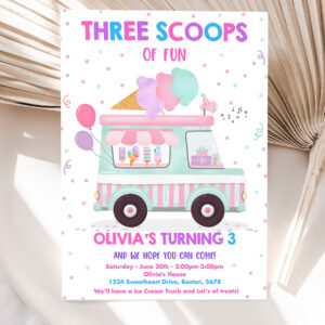 editable ice cream truck three scoops of fun 3rd birthday party invitation ice cream 3rd birthday three scoops of fun party 5