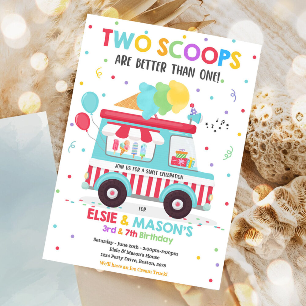 editable ice cream truck twin birthday invitation twin ice cream birthday invitation two scoops are better than one party 1