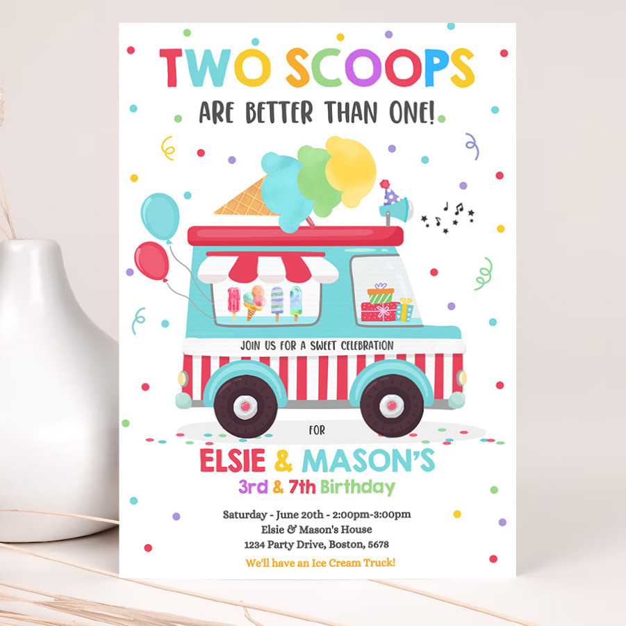 editable ice cream truck twin birthday invitation twin ice cream birthday invitation two scoops are better than one party 2