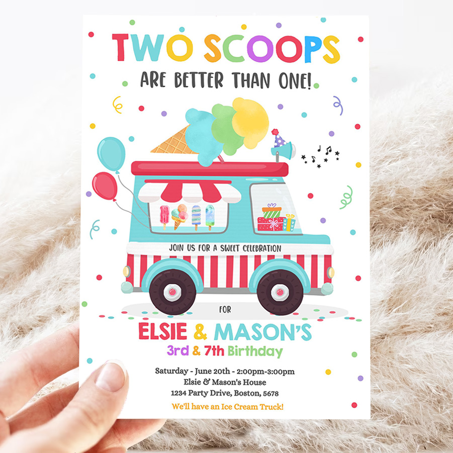 editable ice cream truck twin birthday invitation twin ice cream birthday invitation two scoops are better than one party 3