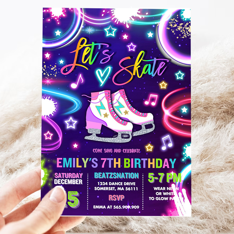 editable ice skating invitation neon glow ice skating party neon glow in the dark ice rink party ice skating party 3