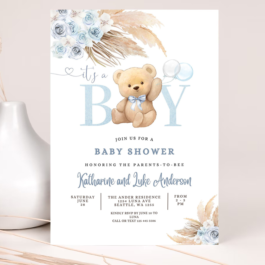 editable its a boy blue pampas grass we can bearly wait blue boho teddy bear baby shower invitation invites 2