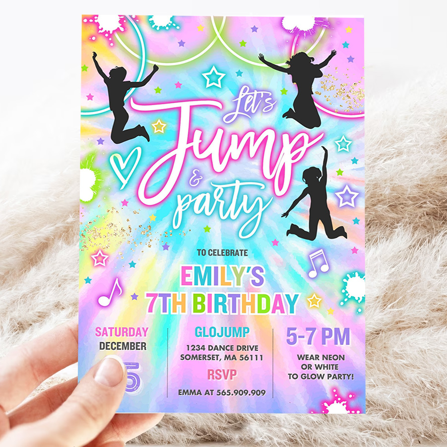 editable jump birthday party invitation tie dye jump birthday party glow jump trampoline party lets jump party 3