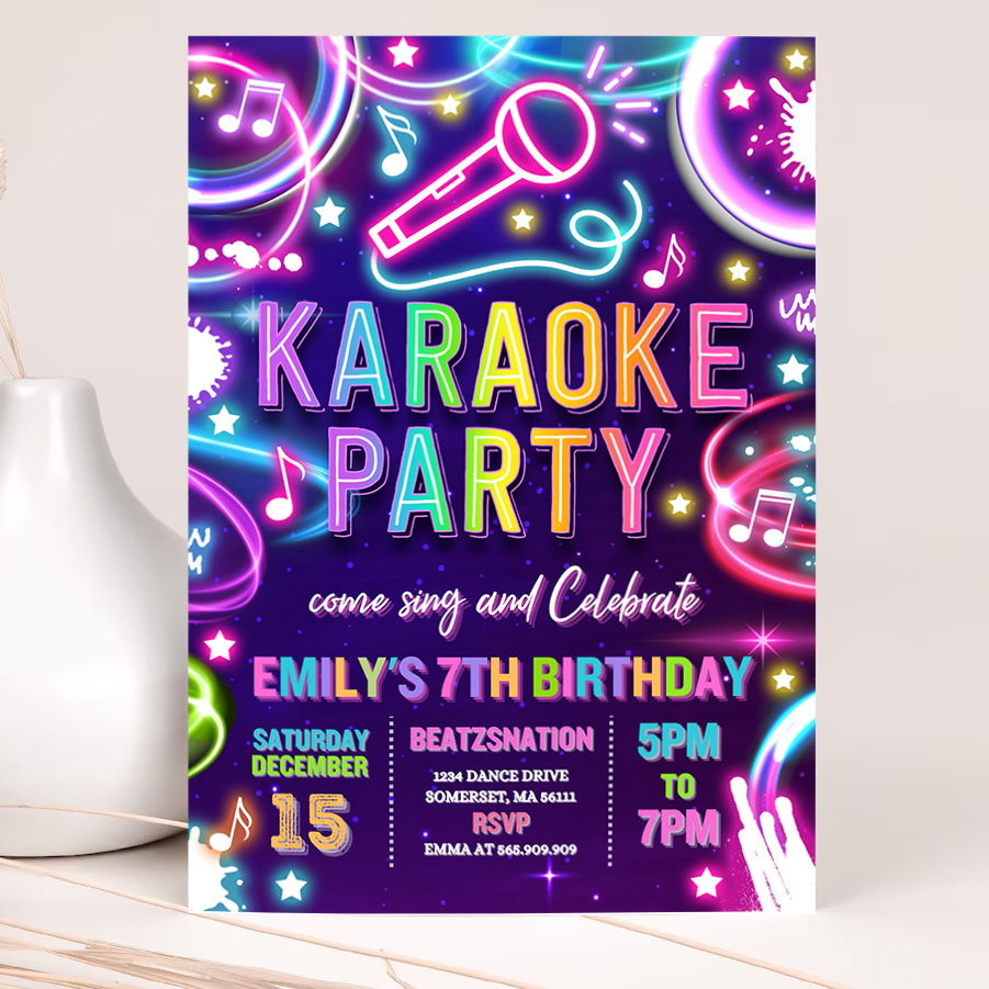 editable karaoke birthday party invitation neon glow karaoke birthday party neon singing music birthday party glow party 2