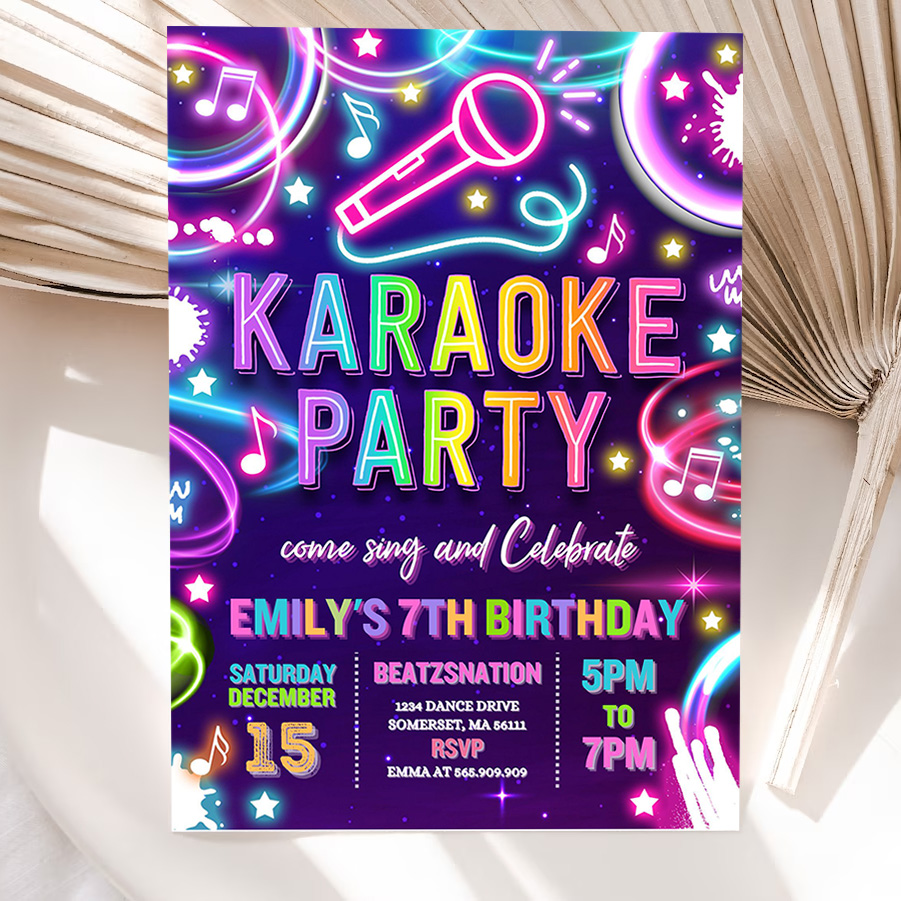 editable karaoke birthday party invitation neon glow karaoke birthday party neon singing music birthday party glow party 5