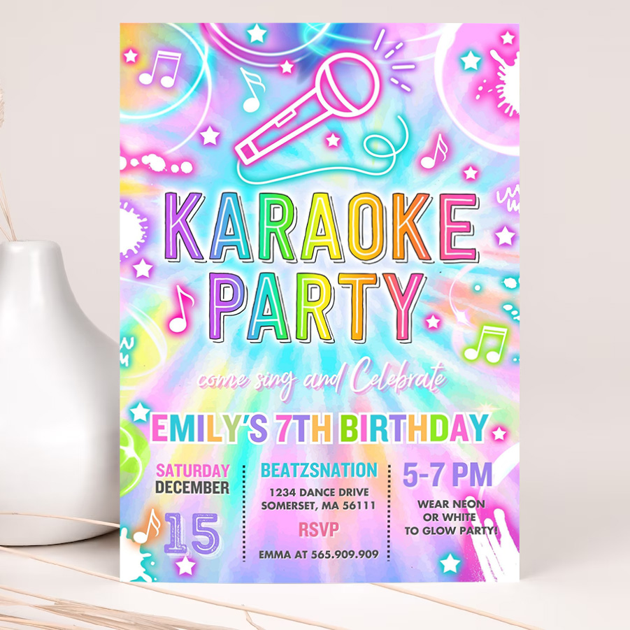 editable karaoke birthday party invitation tie dye karaoke birthday neon glow tie dye karaoke party music singing party 2