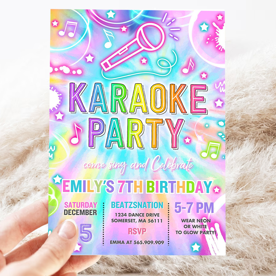 editable karaoke birthday party invitation tie dye karaoke birthday neon glow tie dye karaoke party music singing party 3
