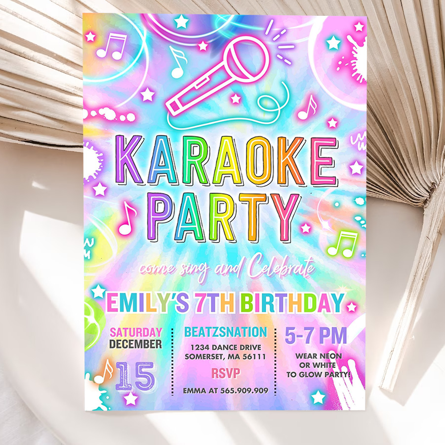 editable karaoke birthday party invitation tie dye karaoke birthday neon glow tie dye karaoke party music singing party 5