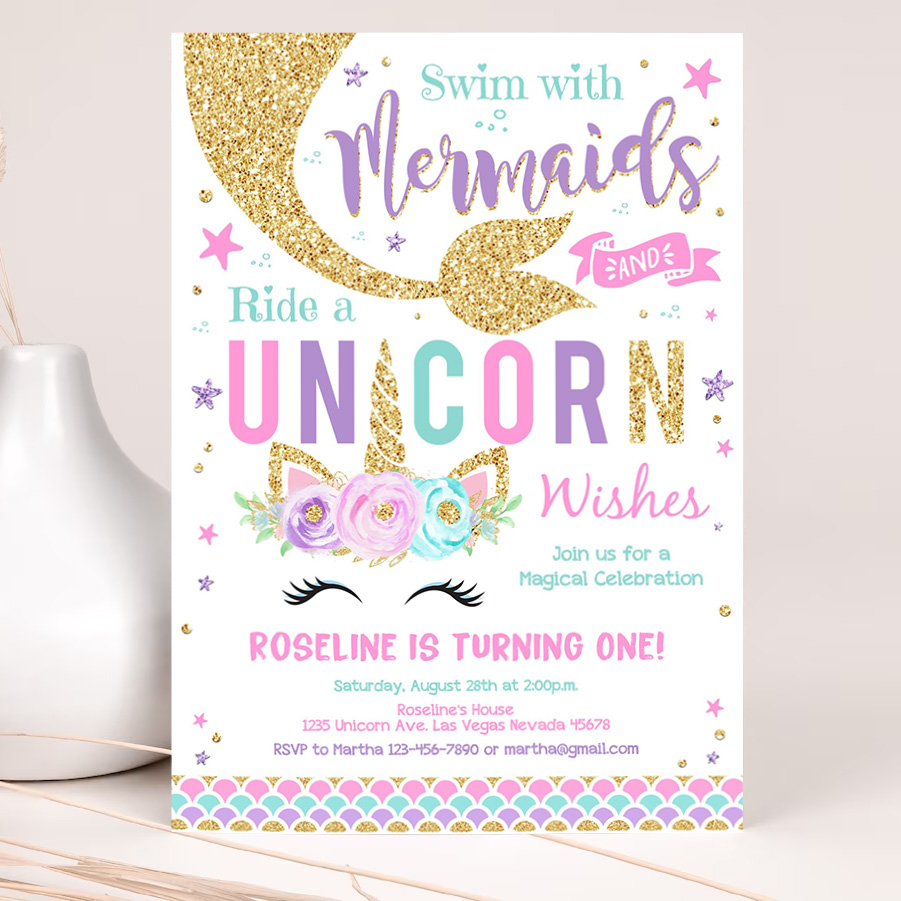editable kisses and unicorn wishes birthday invitation unicorn mermaid invite unicorn party 2