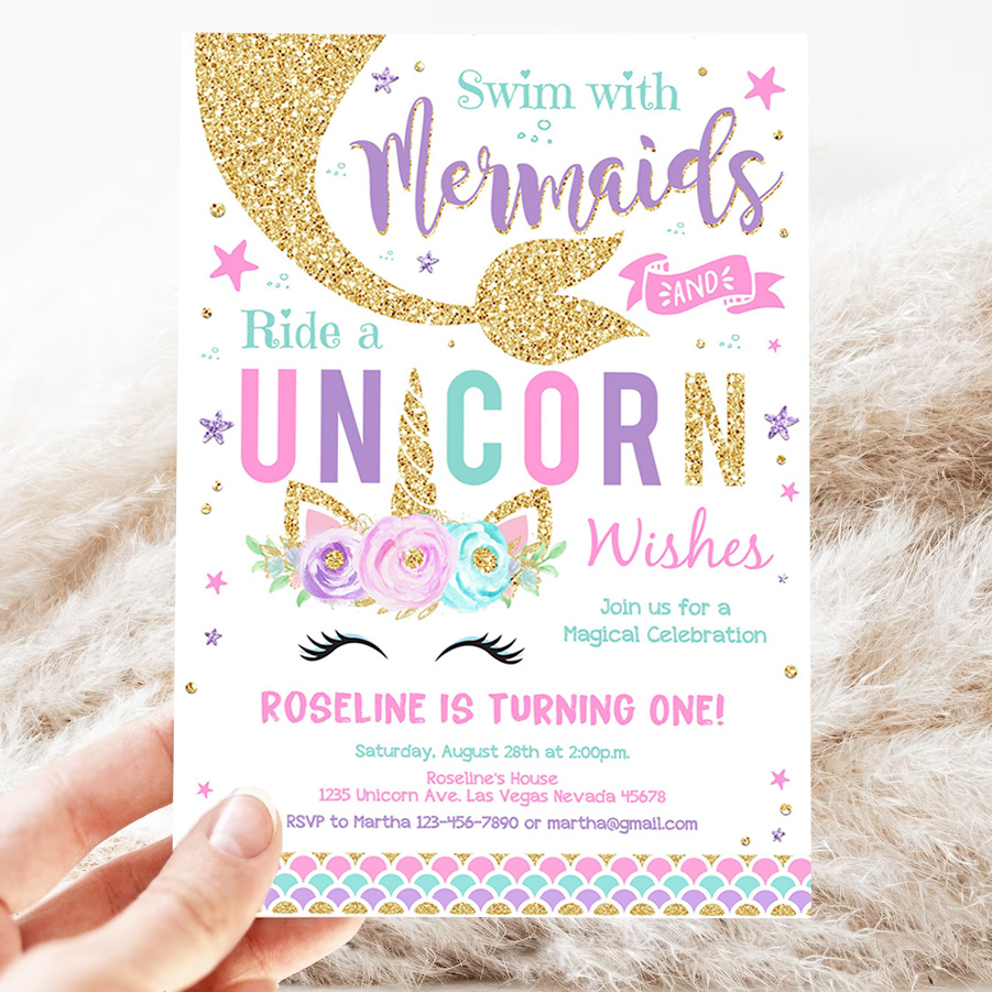editable kisses and unicorn wishes birthday invitation unicorn mermaid invite unicorn party 3