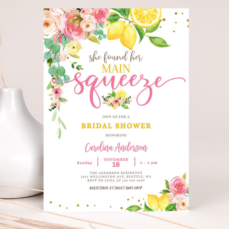 editable lemon bridal shower invitation pink floral citrus she found her main squeeze invite 2