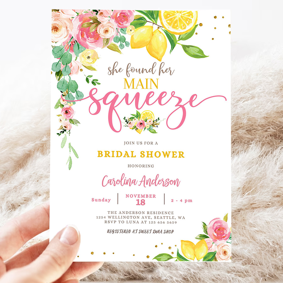 editable lemon bridal shower invitation pink floral citrus she found her main squeeze invite 3
