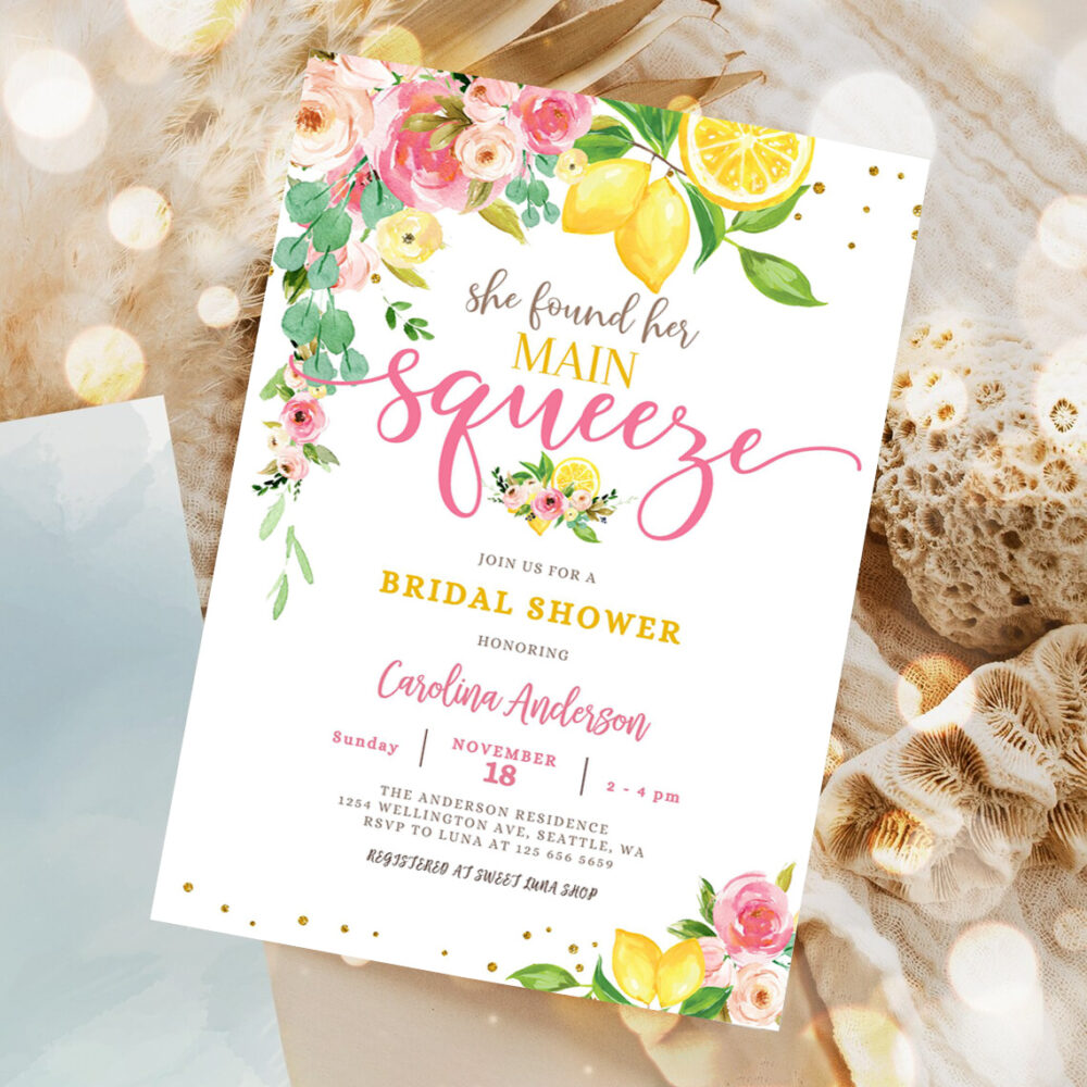 editable lemon bridal shower invitation pink floral citrus she found her main squeeze invite 5