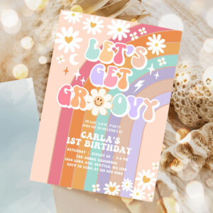 editable lets get groovy invite daisy rainbow groovy 3rd birthday invite hippie retro birthday invitation 1