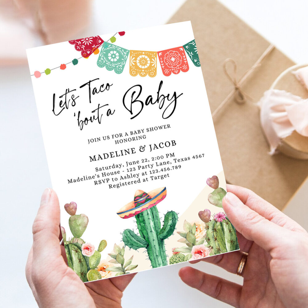 editable lets taco bout a baby shower invitation cactus mexican fiesta couples shower desert watercolor template 7