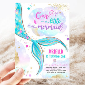 editable mermaid birthday invitation our little mermaid 1st birthday party pink and gold whimsical mermaid birthday 3